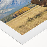 Art deco poster featuring the Grand Tetons landscape in muted earth tones on rolled canvas, suitable for dining room decor.