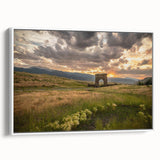 Vintage poster art of Yellowstone scenery on a large framed canvas with vibrant colors, ideal for living room decor.