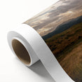 Art deco poster of Yellowstone scenery in muted green and blue tones on rolled canvas, ideal for nursery wall art.