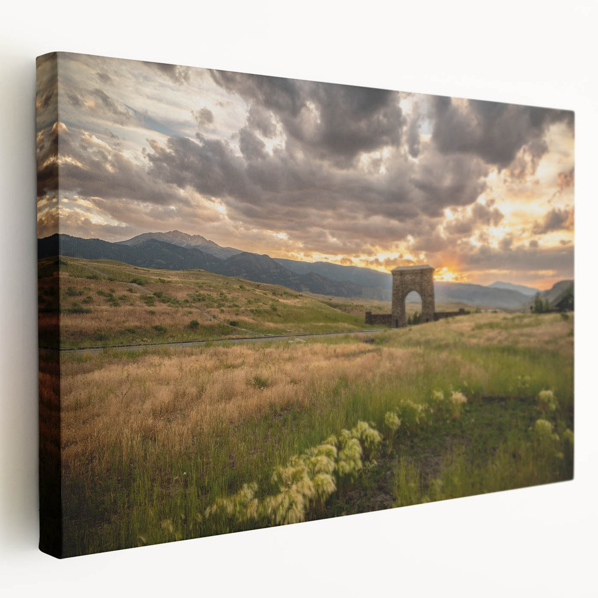 Yellowstone National Park scenery on large stretched canvas, featuring vivid green and blue tones.