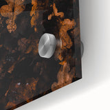 Large abstract wall art in warm autumn hues on acrylic glass, featuring mid-century modernist designs.