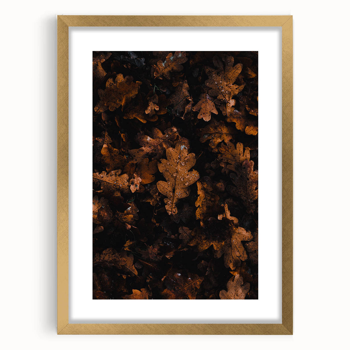Extra large abstract art print of autumnal shades on textured canvas, framed in gold, ideal for living room decor.
