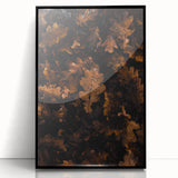 Large abstract wall art depicting autumnal trees in warm orange and red tones on a black acrylic framed canvas.