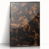 Mid-century modernist art depicting an autumnal scene in muted oranges and browns on a silver-framed acrylic print.