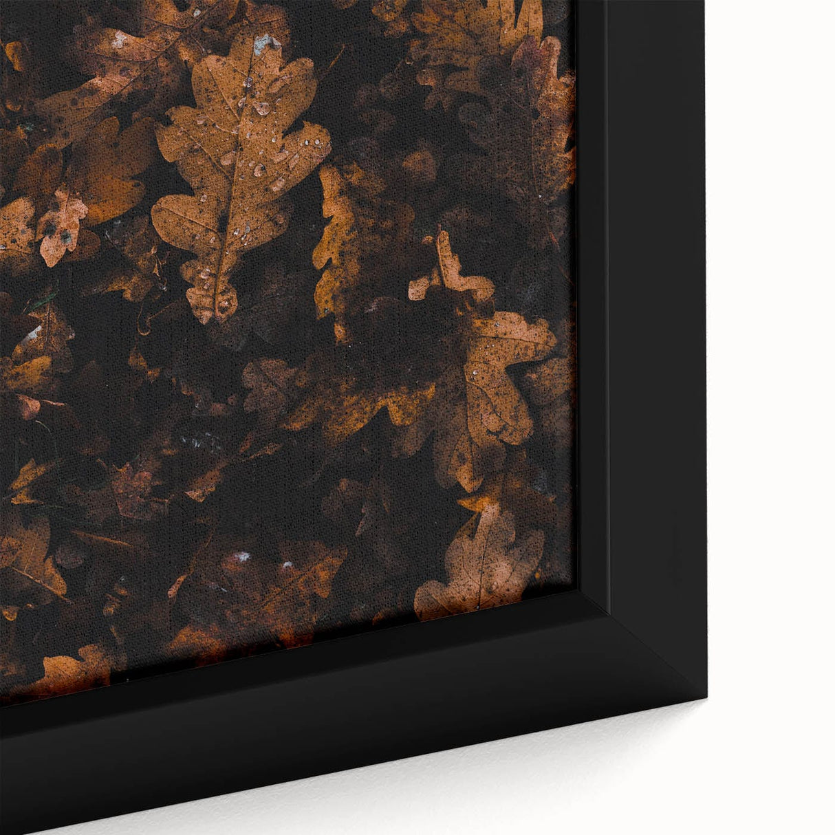 Close-up of textured black wall art featuring colorful autumn leaves on an extra large framed canvas.