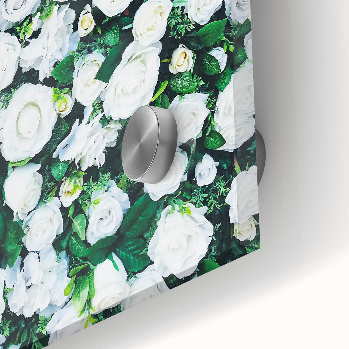 Large abstract wall art on acrylic glass featuring mid-century modernist spring motifs in vibrant greens and yellows.