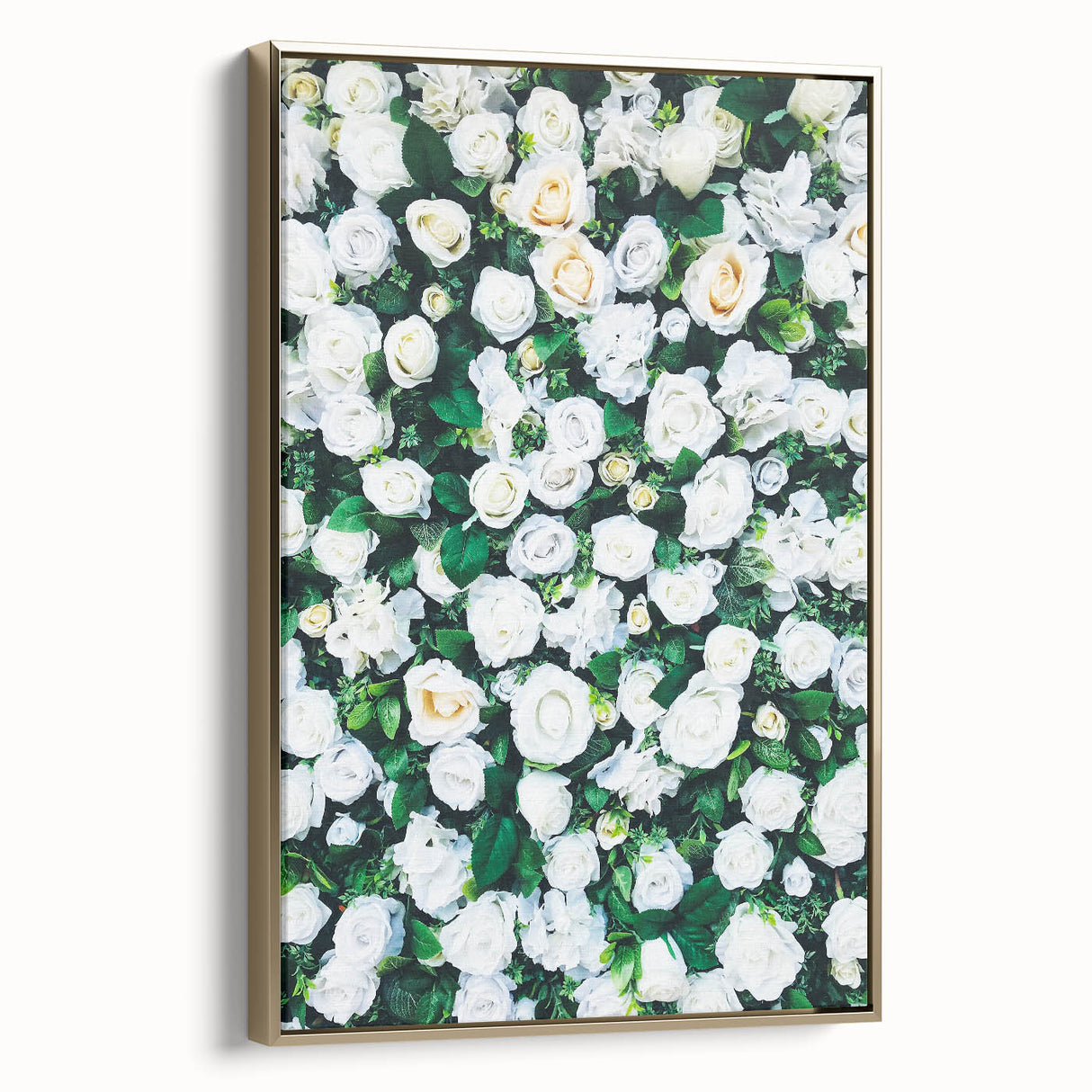 Framed canvas featuring a vintage-style landscape painting with spring themes in muted green and gold tones.