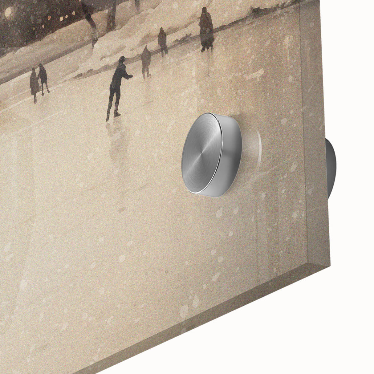 Large abstract winter scene in muted blue and white tones on acrylic glass.