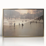 Mid-century modernist winter scene in muted blue and white tones on a large framed acrylic print.