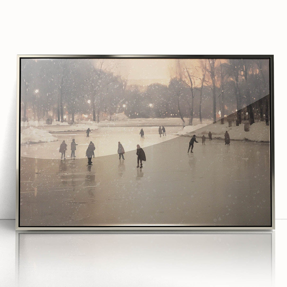 Mid-century modernist winter scene in muted blue and silver tones, framed acrylic print, suitable for nursery wall art.