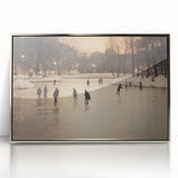 Mid-century modernist winter scene in muted blue and silver tones, framed acrylic print, suitable for nursery wall art.