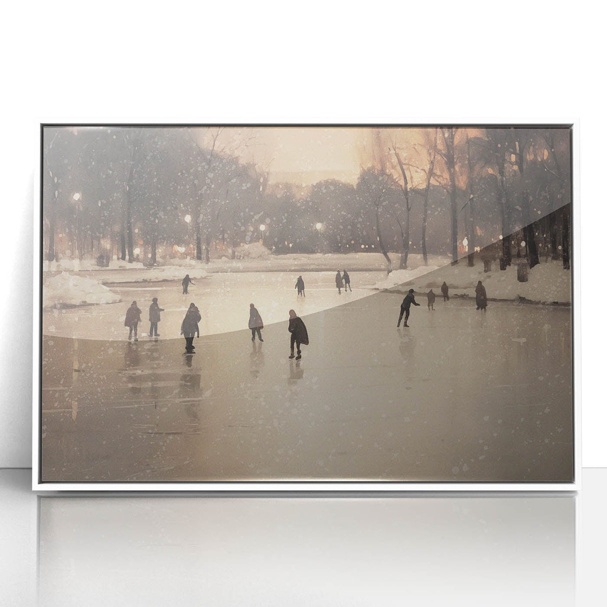 Art deco poster featuring a winter scene with muted blue and white tones on a framed acrylic, suitable for nursery wall art.