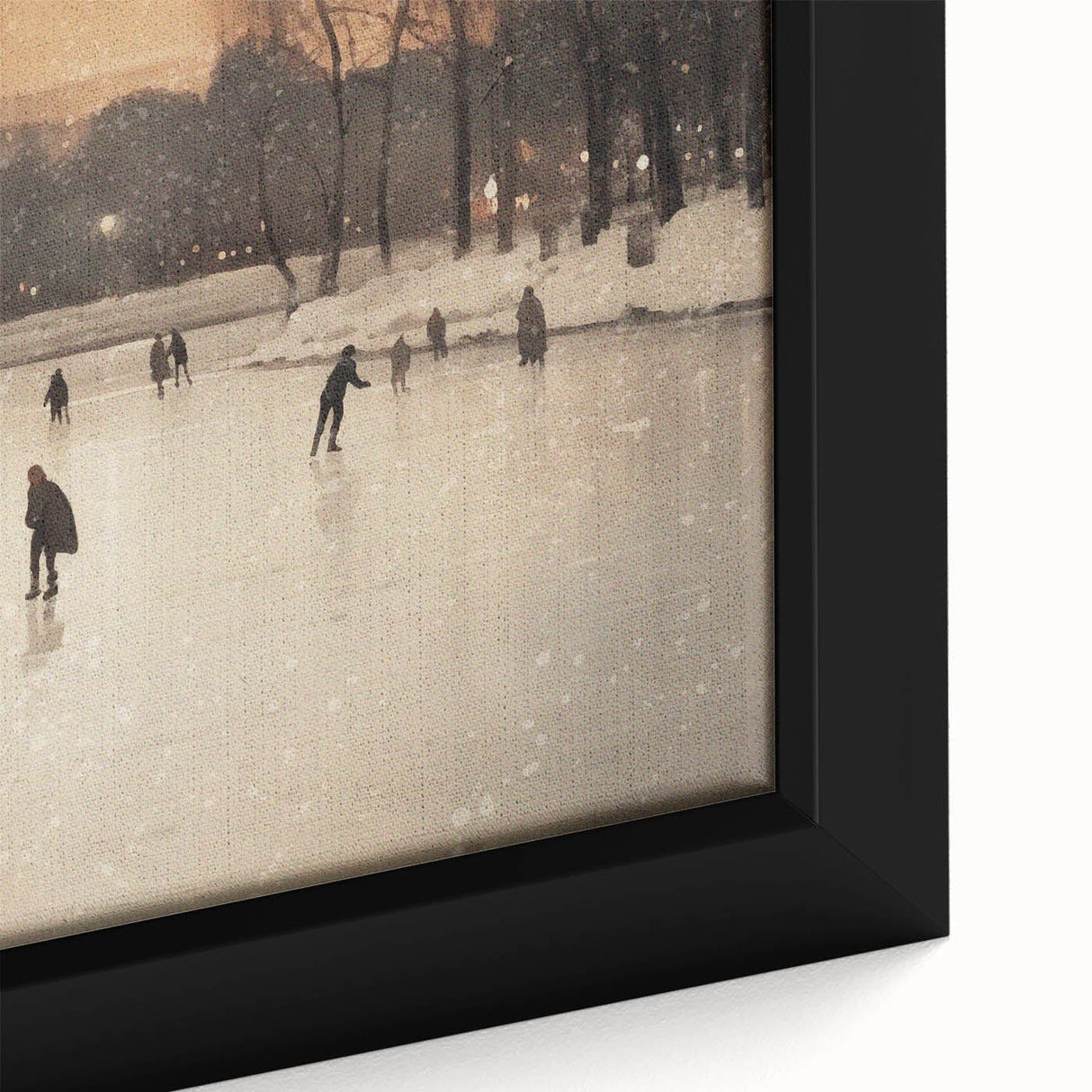 Extra large black wall art on canvas depicting a textured winter scene with muted colorful highlights.