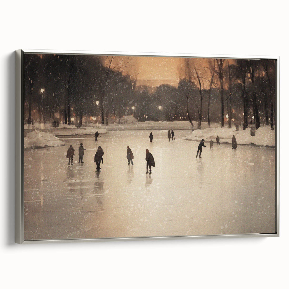 Winter landscape art painting on framed canvas, featuring muted gray and silver tones, ideal for living room decor.