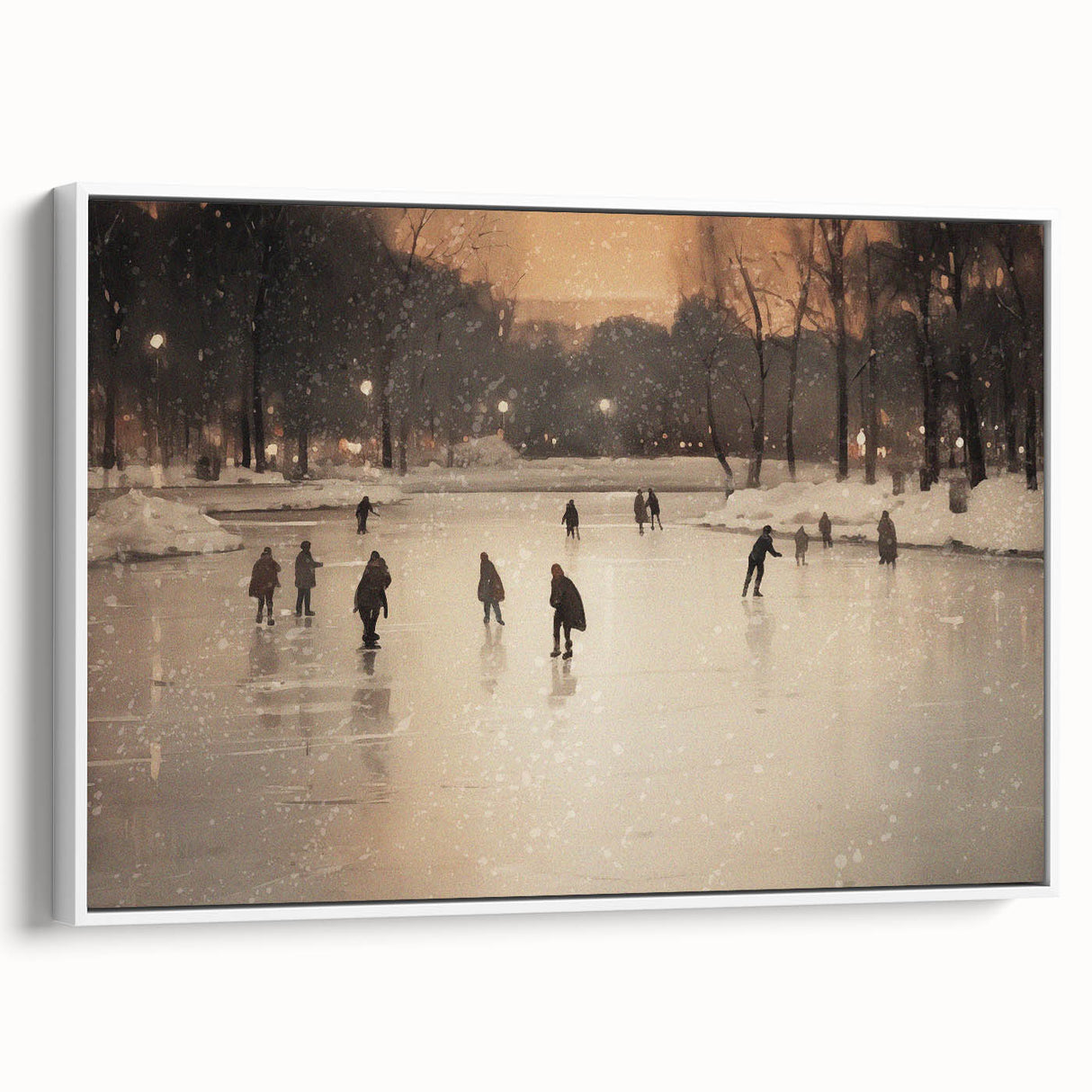Framed canvas featuring vintage poster art of a winter scene in muted blue and white tones, ideal for living room decor.