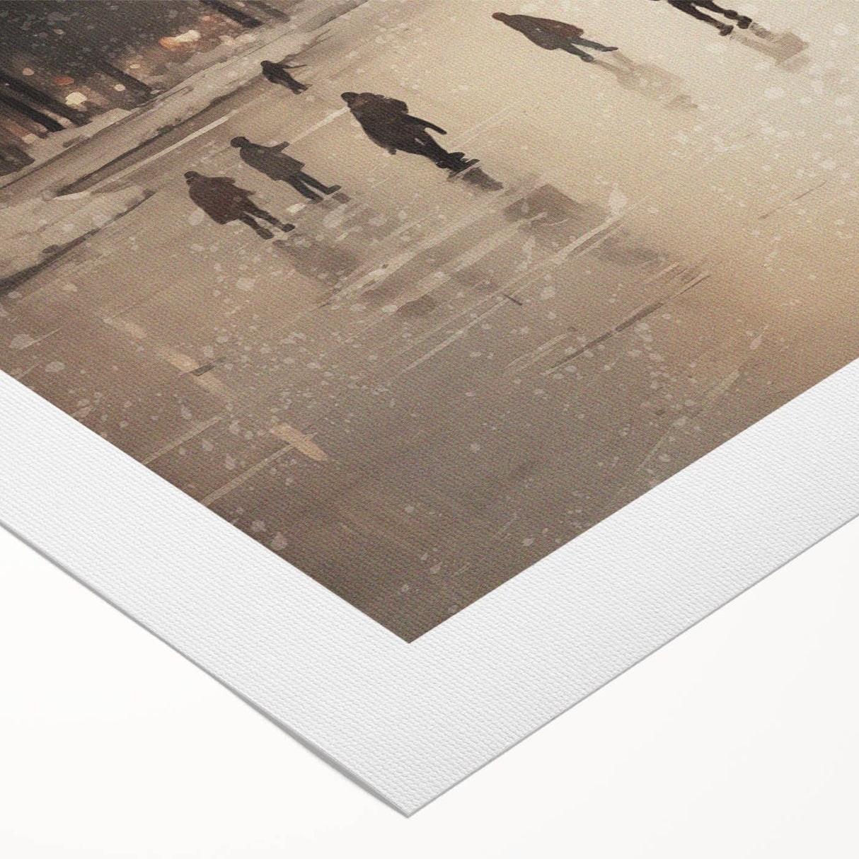 Art deco poster featuring a winter scene in muted blue and white tones on rolled canvas, suitable for dining room wall art.