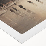 Art deco poster featuring a winter scene in muted blue and white tones on rolled canvas, suitable for dining room wall art.