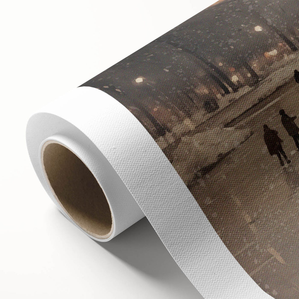 Art Deco poster of a serene winter scene in muted blue and white tones on rolled canvas, ideal for nursery wall art.