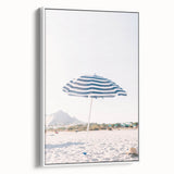 Vintage poster art of a summer scene on framed canvas, featuring vibrant colors against a black background.