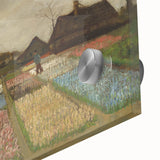 Large abstract wall art in mid-century modernist style on acrylic glass, featuring swirling blue and yellow tones.