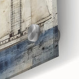 Large abstract wall art of a ship in muted gray on acrylic glass, ideal for dining room decor.