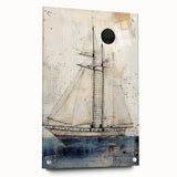 Acrylic print of a large abstract depiction of a ship in muted blue and gray tones.