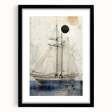 Extra large abstract art print of a colorful ship, in vibrant hues on textured canvas, ideal for living room decor.