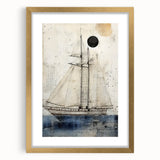 Extra large abstract art print of a ship, featuring textured gold and blue tones on a framed canvas.