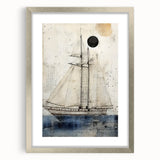 Textured art print of an abstract ship, using muted grays and blues on a silver-framed canvas.