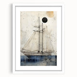Abstract art print of a stylized ship in muted blue and white tones on a framed canvas, suitable for dining room decor.