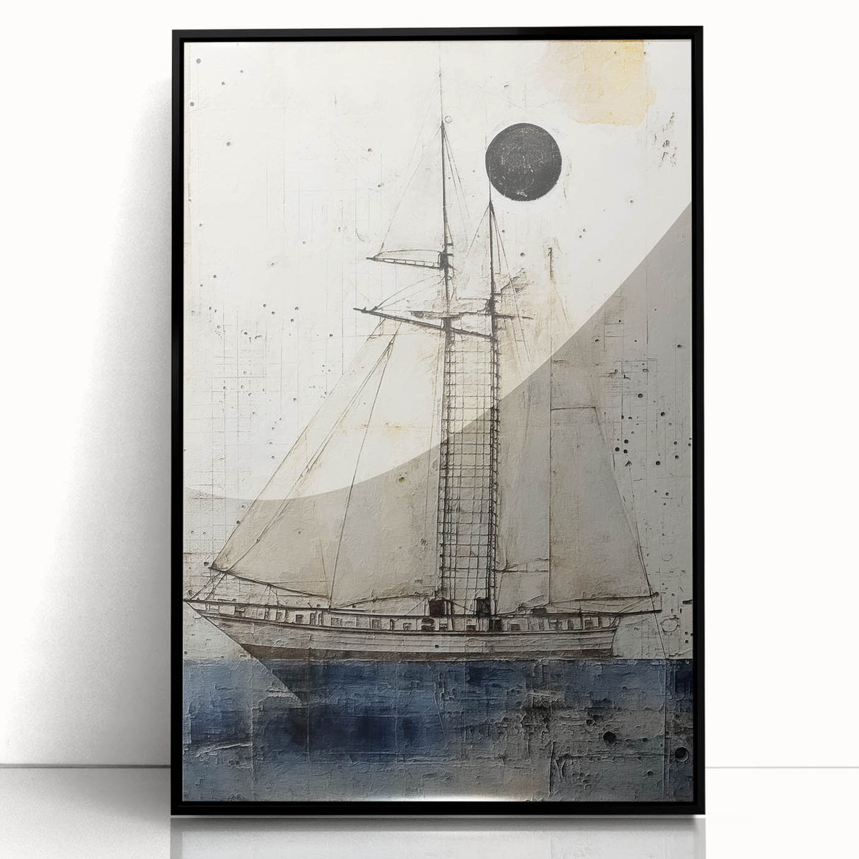 Large abstract wall art featuring a black and white depiction of ships, printed on a framed acrylic.