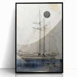 Large abstract wall art featuring a black and white depiction of ships, printed on a framed acrylic.