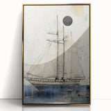 Mid-century modernist style large art print of a golden ship, framed acrylic, ideal for modern art wall decor.