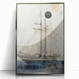 Mid-century modernist art of a stylized ship in silver and gray tones, acrylic print, suitable for modern art wall decor.
