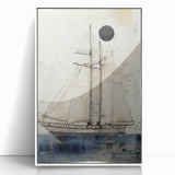 Framed acrylic painting of a stylized art deco ship, in muted blue and white tones, ideal for nursery wall art.