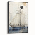 Black and white vintage poster art of a ship, framed canvas, ideal for bedroom wall decor.
