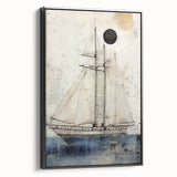 Black and white vintage poster art of a ship, framed canvas, ideal for bedroom wall decor.