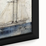 Extra large framed canvas featuring a close-up of a ship in black with colorful, textured details.