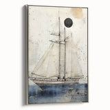 Framed canvas depicting a vintage ship in grayscale with colorful abstract background, suitable for office decor.