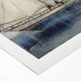 Art Deco poster featuring a vintage ocean liner on a rolled canvas, in muted blue and white tones.