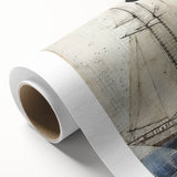 Art deco style poster of a vintage ship on rolled canvas, using muted blue and gray tones, ideal for nursery wall decor.