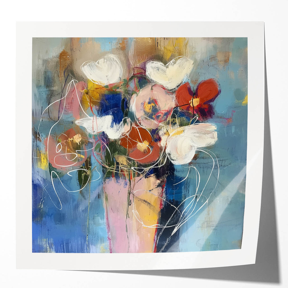 Glossy print mockup showcasing an abstract floral design with vibrant colors and intricate details, perfect for home decor or art displays. Ideal for designers and retailers.