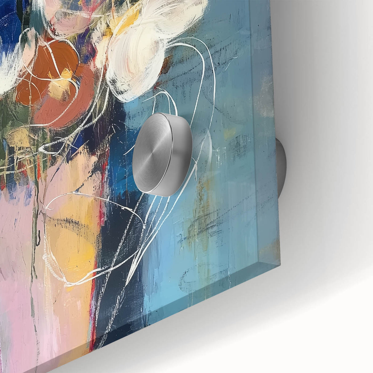Close-up of an abstract floral acrylic glass artwork showcasing vibrant colors and intricate designs, ideal for modern home decor, emphasizing artistic elegance and contemporary style.