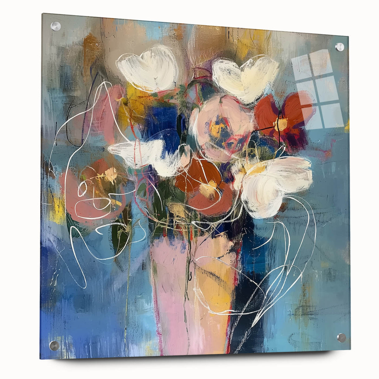 Abstract floral acrylic design on glass, showcasing vibrant colors and intricate details, displayed side view with decorative pins. Perfect for modern home decor.