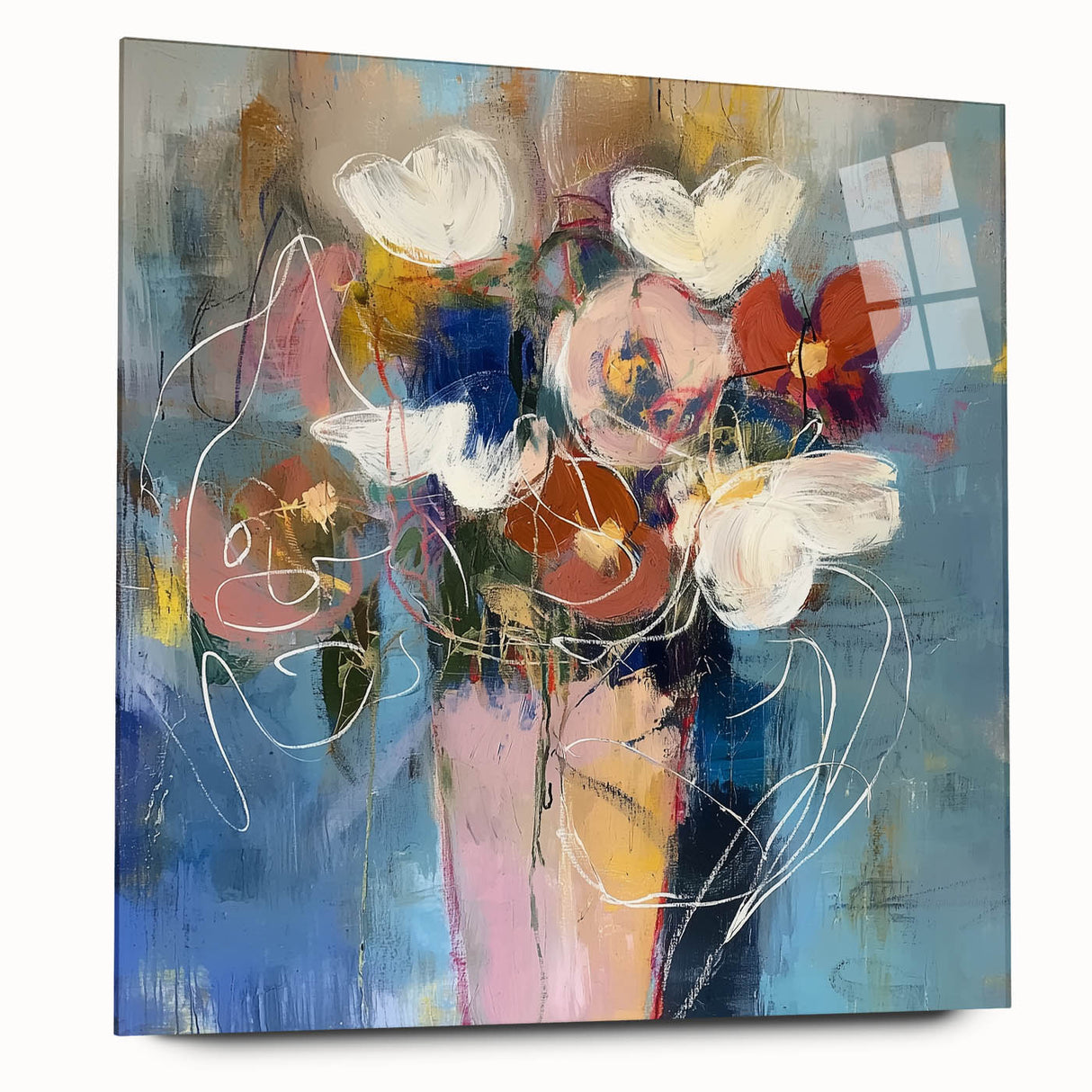 Abstract floral acrylic glass artwork showcasing vibrant colors and intricate designs, presented in a side view to highlight depth and texture, ideal for modern decor.