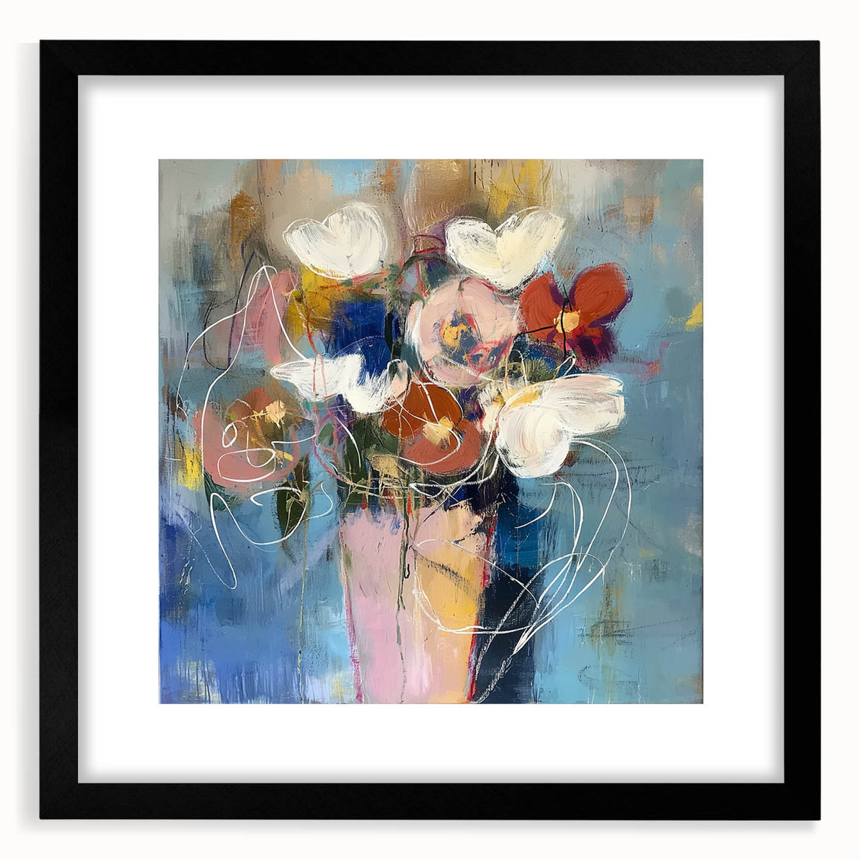 Abstract floral design framed in a sleek black mat, showcasing vivid colors and intricate patterns, ideal for modern home decor or office styling. Perfect for art enthusiasts seeking a vibrant and elegant touch to their space.