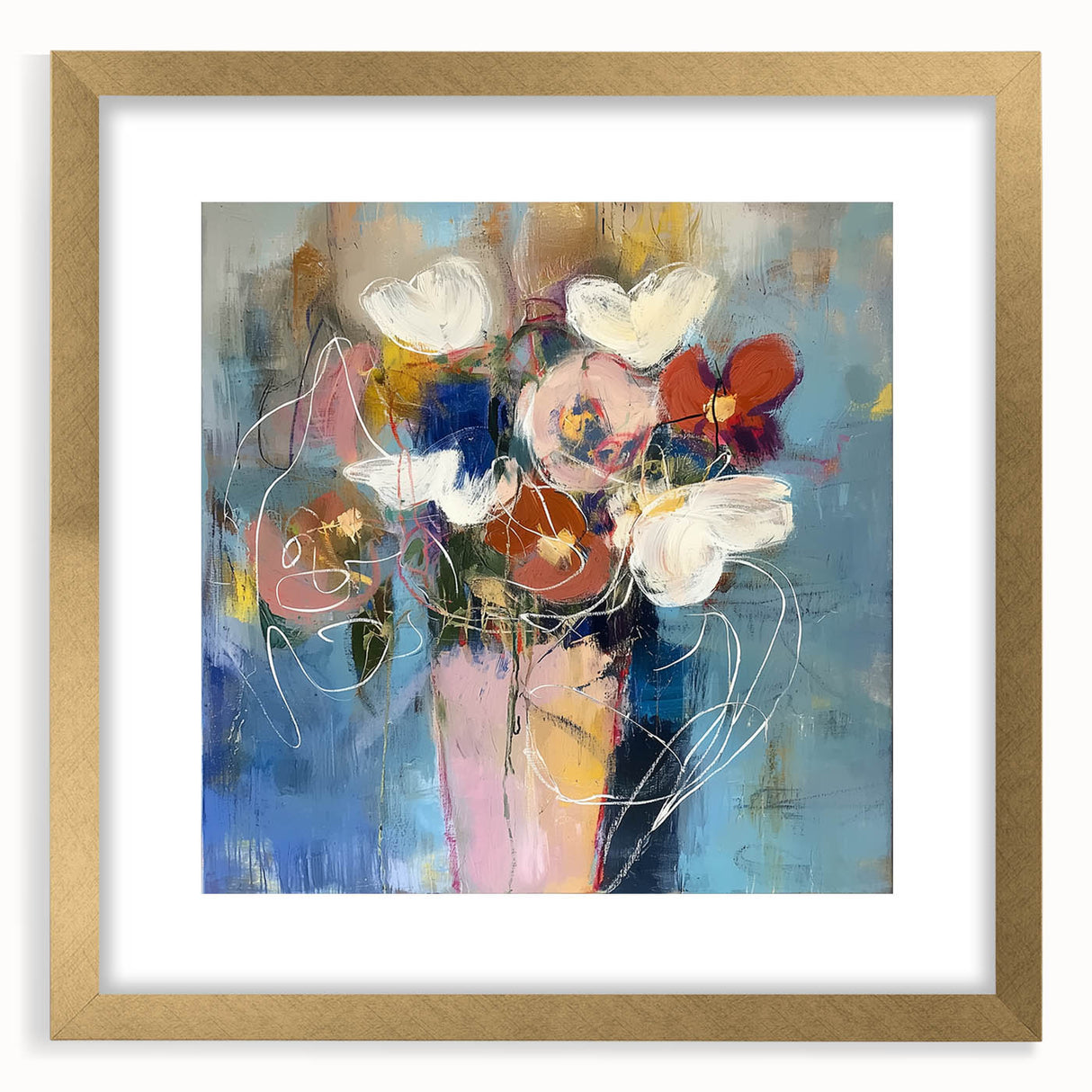 Abstract floral frame art in a gold mat, showcasing intricate designs and vibrant colors, perfect for modern decor or as a statement piece in any room.