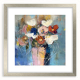 Abstract floral design in a silver frame with matting, showcasing vibrant colors and intricate patterns, perfect for home decor or art display.
