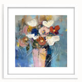 Abstract floral frame in a white mat, showcasing vibrant colors and intricate patterns, ideal for enhancing home decor or art collections. Perfect for modern aesthetics.