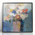 Framed acrylic artwork showcasing vibrant abstract floral designs in shades of blue, pink, and green, set against a sleek black background, perfect for modern home decor.